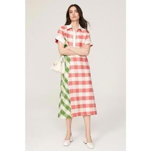 Rosie Assoulin Multicolor Plaid Linen Polo Dress Size 6 with Stain & Fabric Snag